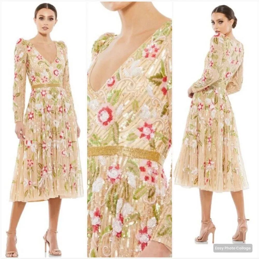 NWT Mac Duggal Floral Tea Length Dress Sequin Beaded Gold Size 14